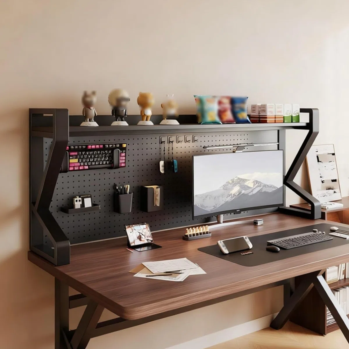 Estante organizador de escritorio de metal de 2/3 niveles con tablero de clavijas, elegante solución de almacenamiento para oficina y dormitorio, diseño de ahorro de espacio (65 x 95 cm), mejora la