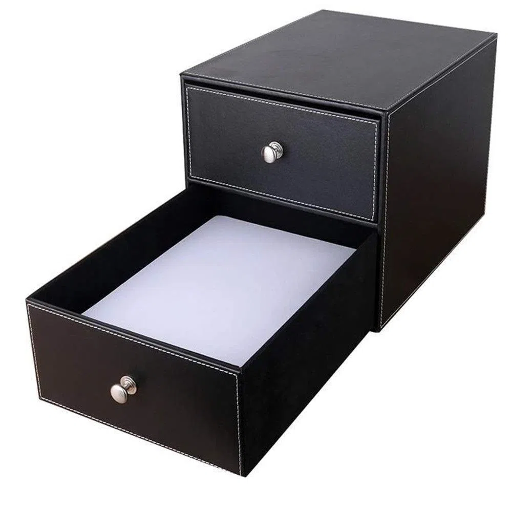 Bandeja archivadora de Escritorio de Cuero, Caja de Almacenamiento con cajón, archivador, Estante de Escritorio para el hogar, la Oficina y la Escuela, marrón 25,5 x 33,5 x 24,5 cm (Negro 25