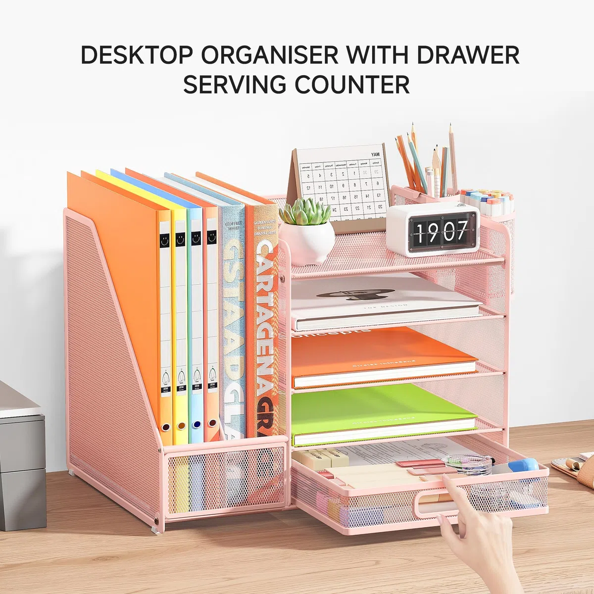 VITVITI Organizador de escritorio con archivador, organizador de escritorio de 5 niveles con 2 portabolígrafos, 2 bandejas para papeles y cajón para revistas, casa, escuela - Rosa