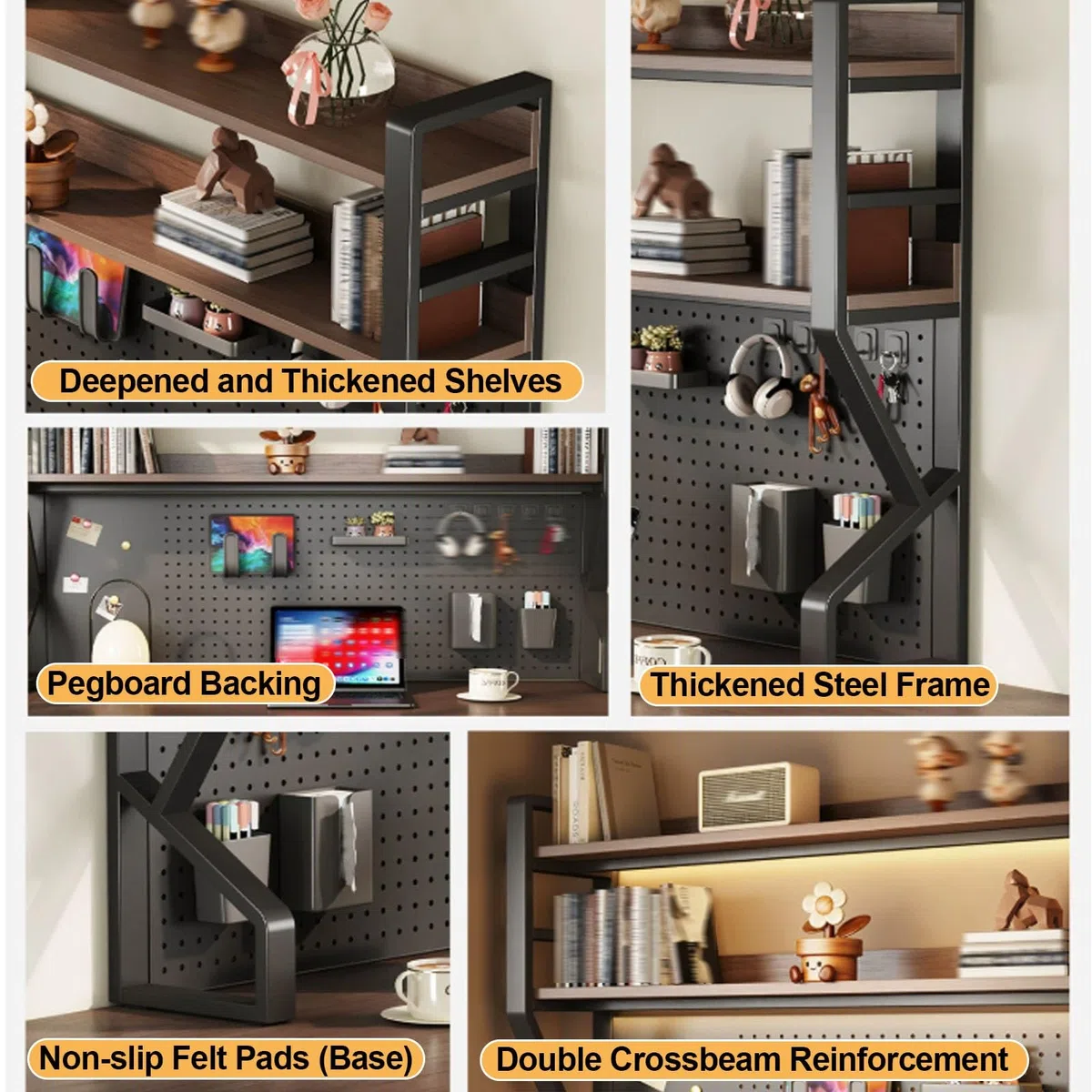 Organizador de escritorio de 3 niveles con tablero de clavijas, estante de almacenamiento de metal para oficina en casa, elegante diseño blanco y madera, perfecto para suministros de manualidades y