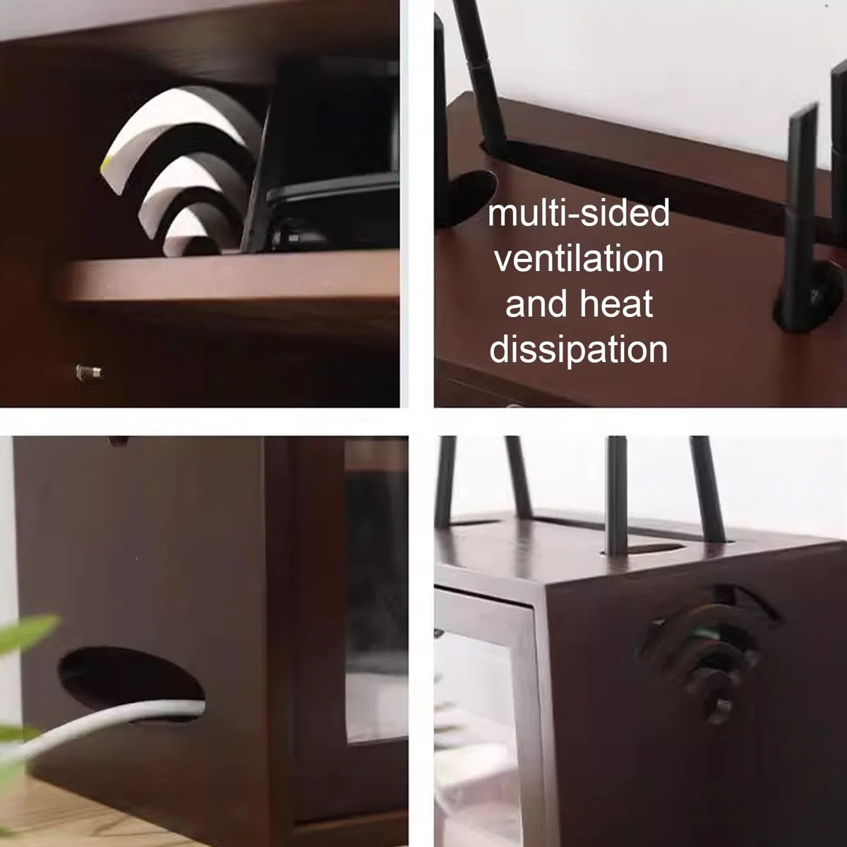 Caja organizadora de enrutador, madera maciza con ventilación y disipación