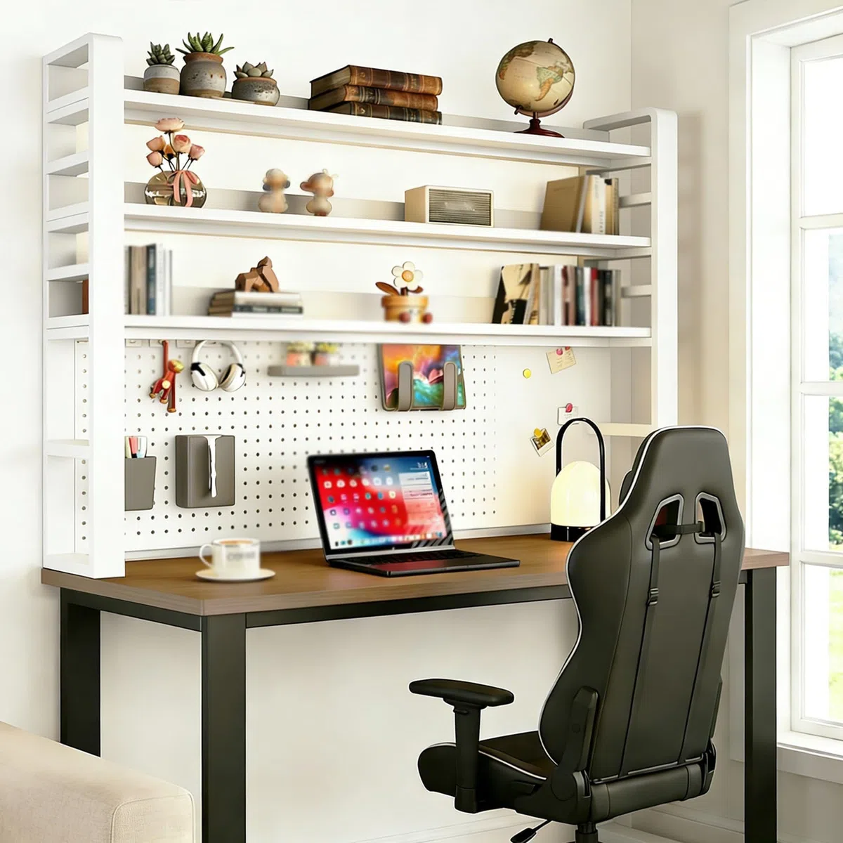 Estante de escritorio de metal multifuncional de 2/3/4 niveles con tablero de clavijas, estantería independiente para oficina en casa y organización de dormitorio, blanco, 94 x 9 x 49 pulgadas