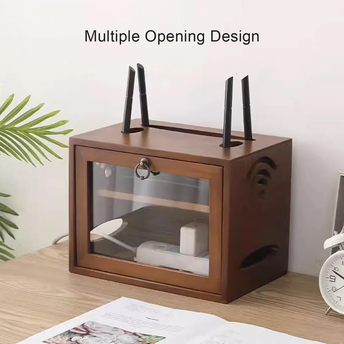 Caja organizadora de enrutador, madera maciza con ventilación y disipación