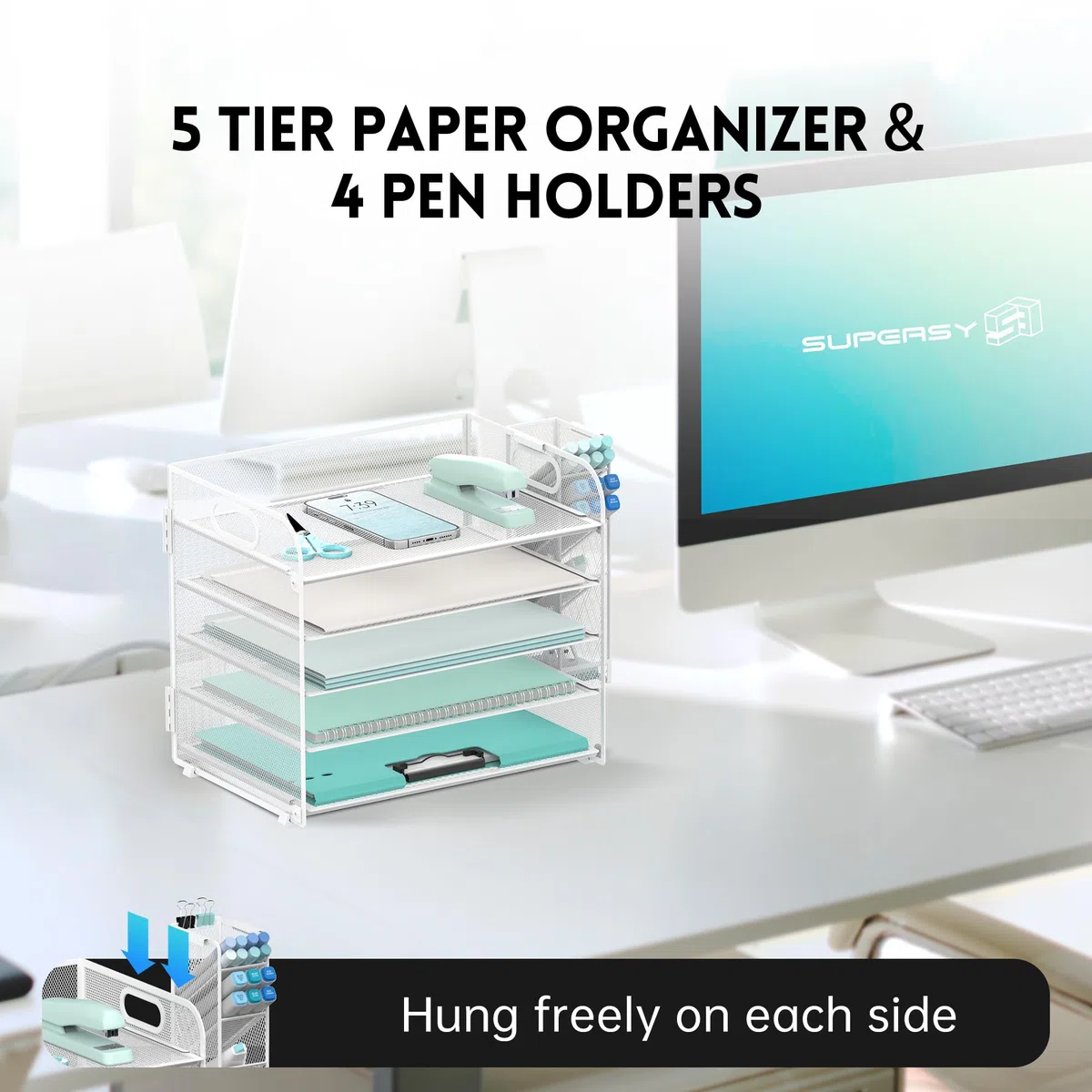 SUPEASY Organizador de escritorio de 5 niveles con asa y soportes extraíbles para bolígrafos, organizador de papel/archivos de malla para escritorio, bandeja de cartas de papel para suministros de