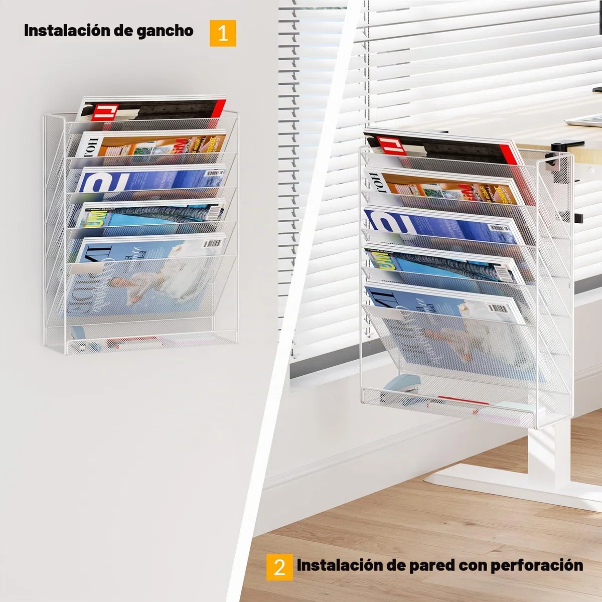 Organizador de archivos sin taladrar, soporte A4 y suministros de oficina, almacenamiento de revistas y pancartas de pared