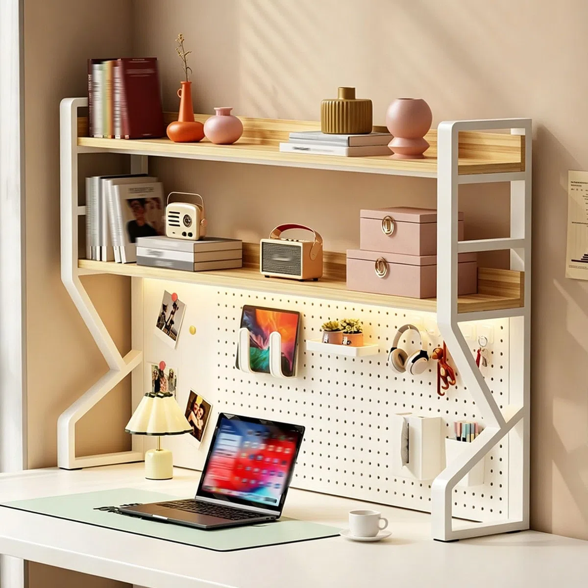 Organizador de escritorio de 3 niveles con tablero de clavijas, estante de almacenamiento de metal para oficina en casa, elegante diseño blanco y madera, perfecto para suministros de manualidades y