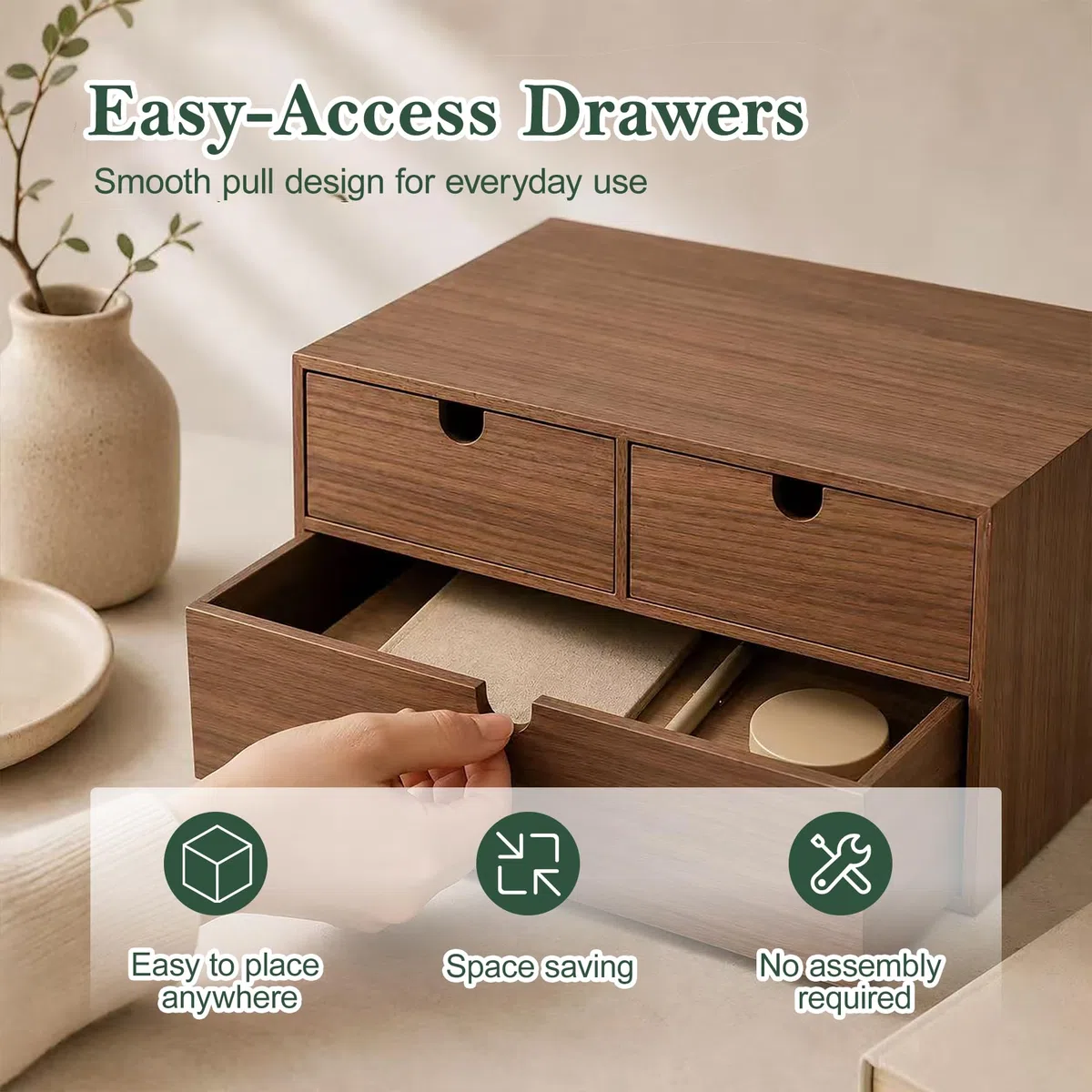Organizador de escritorio de madera de 2 niveles con 3 cajones, gabinete de almacenamiento de escritorio para suministros de oficina, papelería, maquillaje, joyas y accesorios de manualidades
