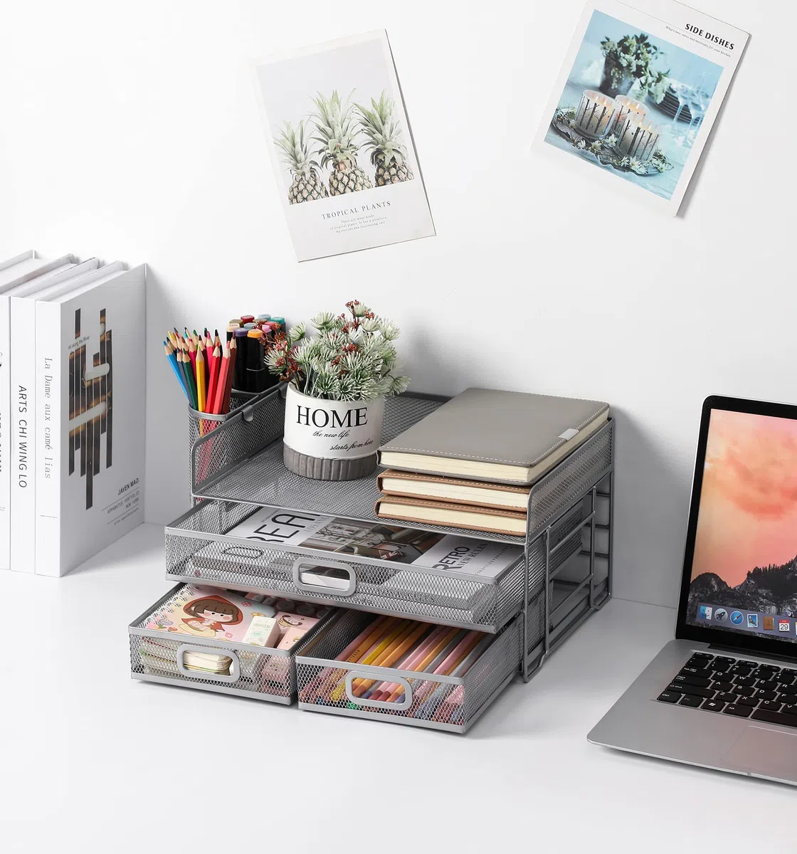 Organizador de escritorio de 3 bandejas con cajón, Messh Office Desk Supplies Organizer Carta de documentos Titular de la bandeja para Office Home (Plata)
