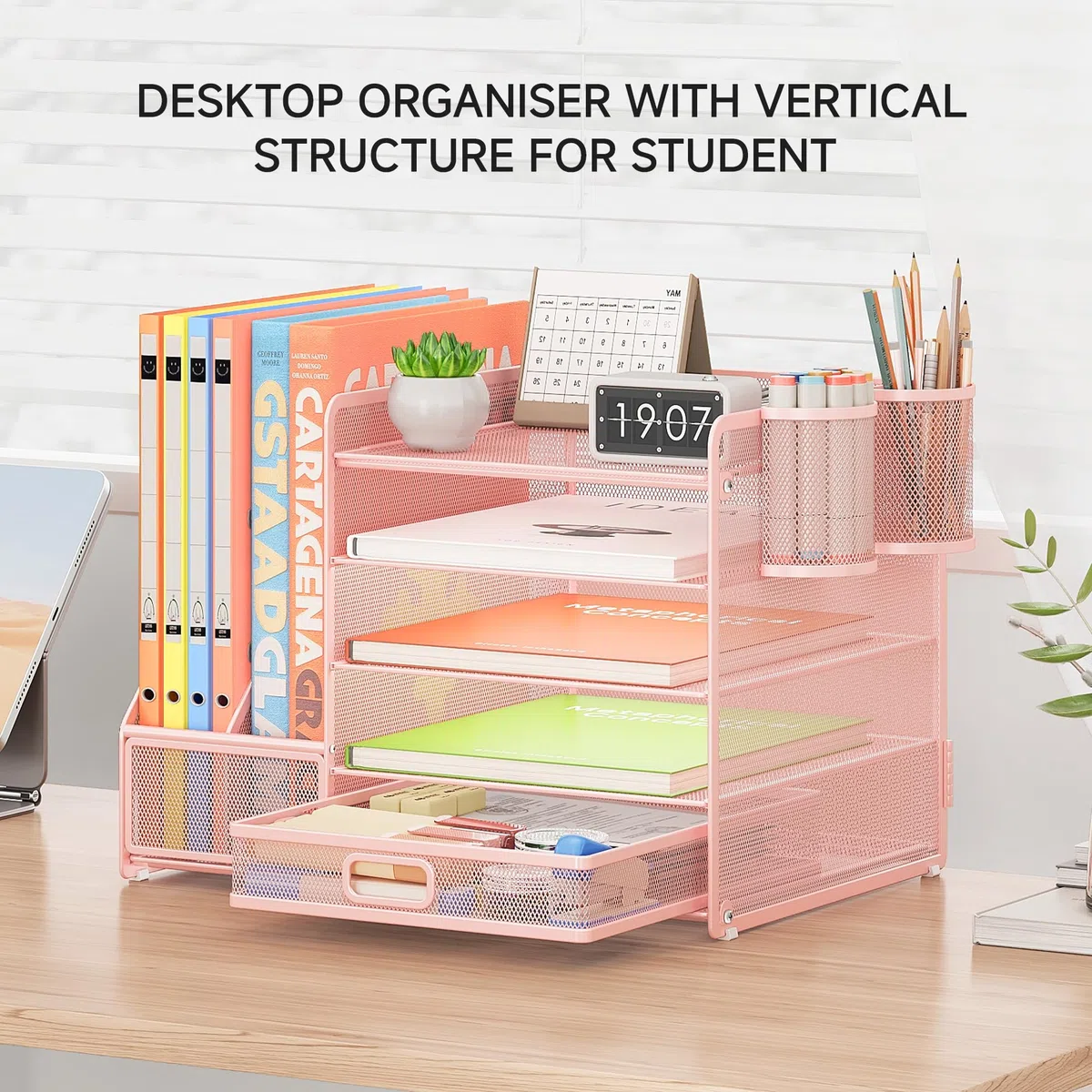 VITVITI Organizador de escritorio con archivador, organizador de escritorio de 5 niveles con 2 portabolígrafos, 2 bandejas para papeles y cajón para revistas, casa, escuela - Rosa
