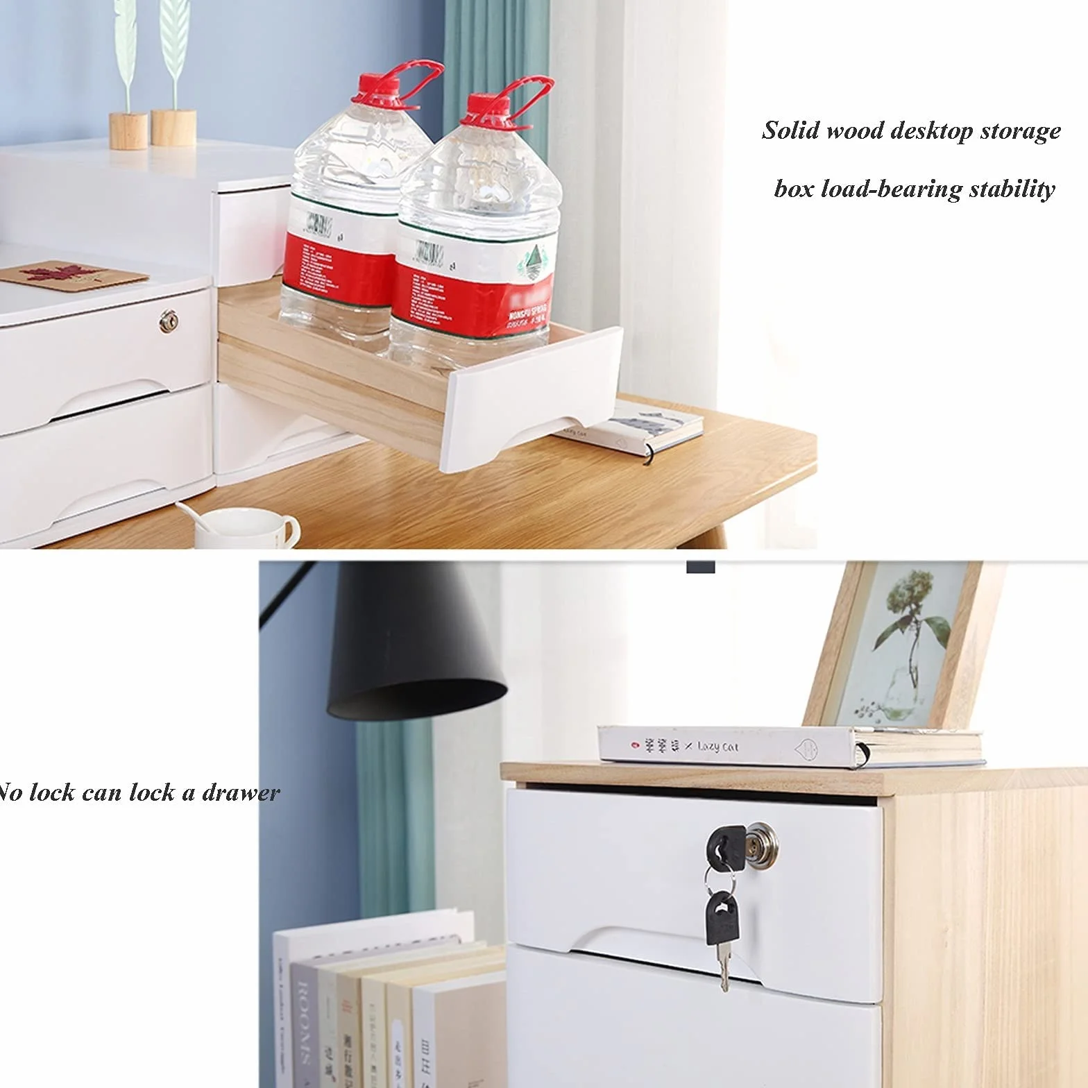 Caja De Almacenamiento De Madera Maciza, Organizador De Escritorio con Cerradura, Organizador De Cajones Y Accesorios para Oficina, Hogar Y Escuela, Archivador,2 Layer