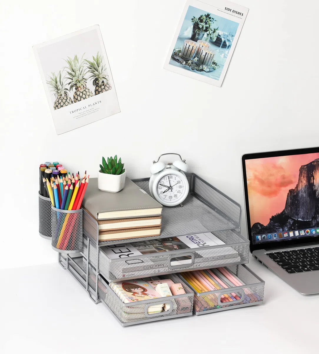 Organizador de escritorio de 3 bandejas con cajón, Messh Office Desk Supplies Organizer Carta de documentos Titular de la bandeja para Office Home (Plata)