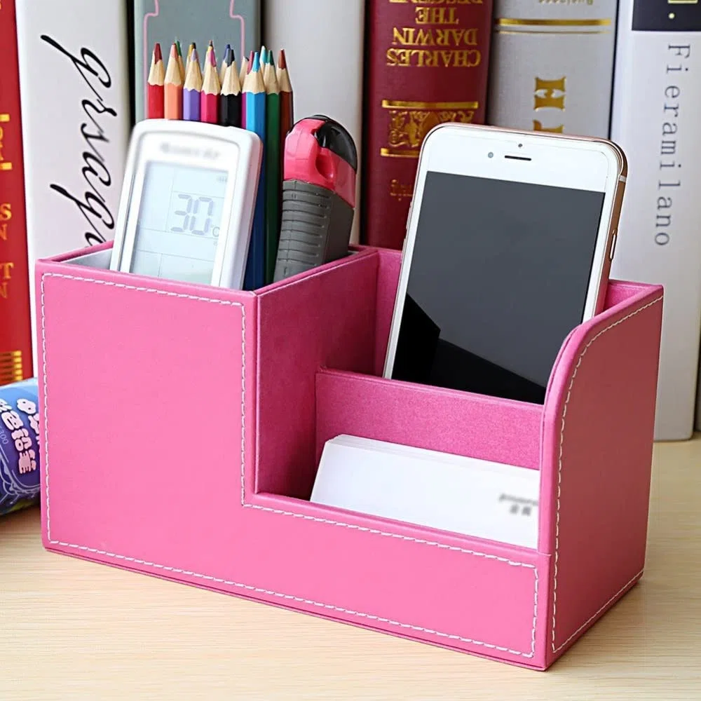Rosa PU Cuero multifunción Escritorio papelería Organizador Caja de Almacenamiento Pluma/lápiz Soporte de Control Remoto (Rosa 20,3 * 9,3 * 11 cm)
