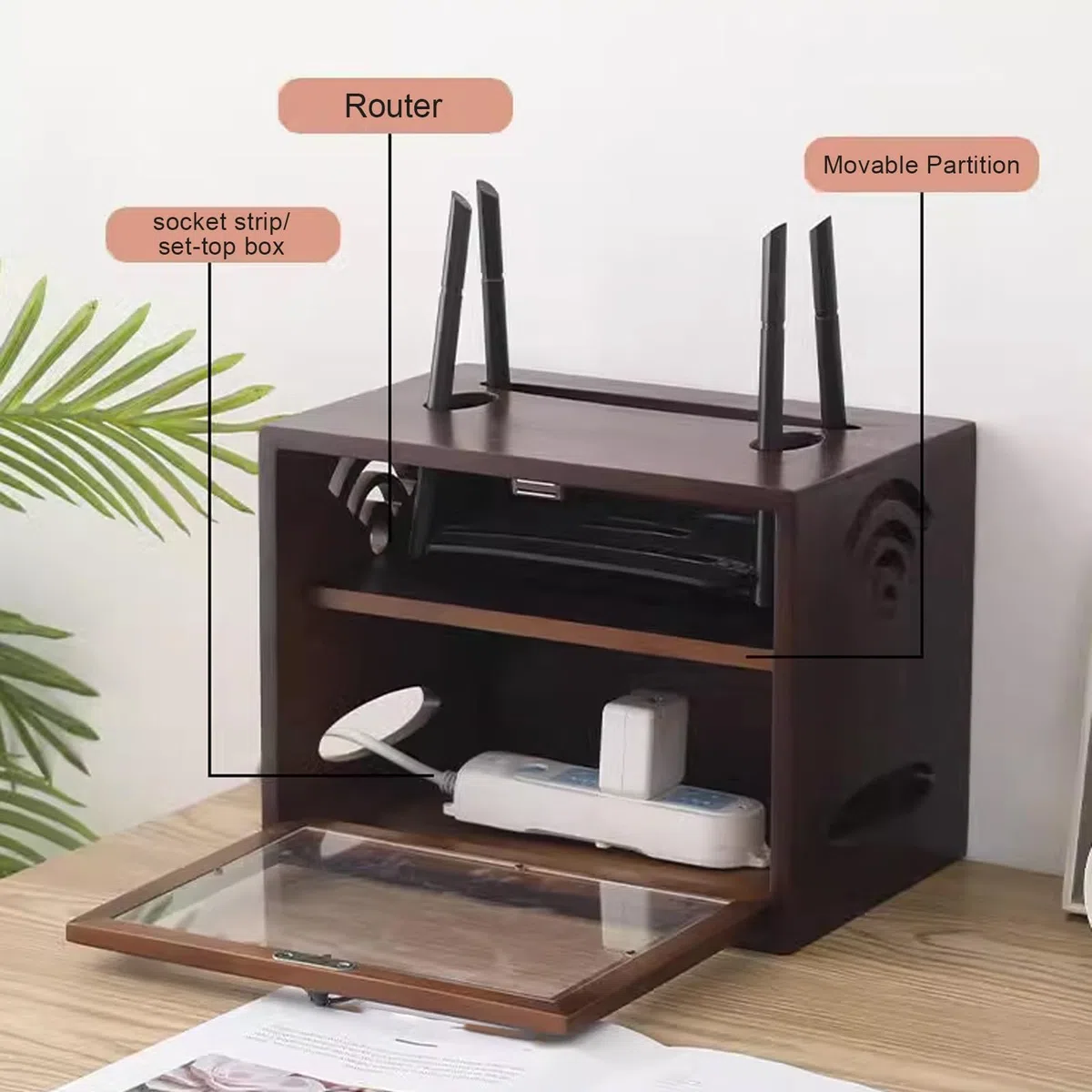 Caja organizadora de enrutador, madera maciza con ventilación y disipación