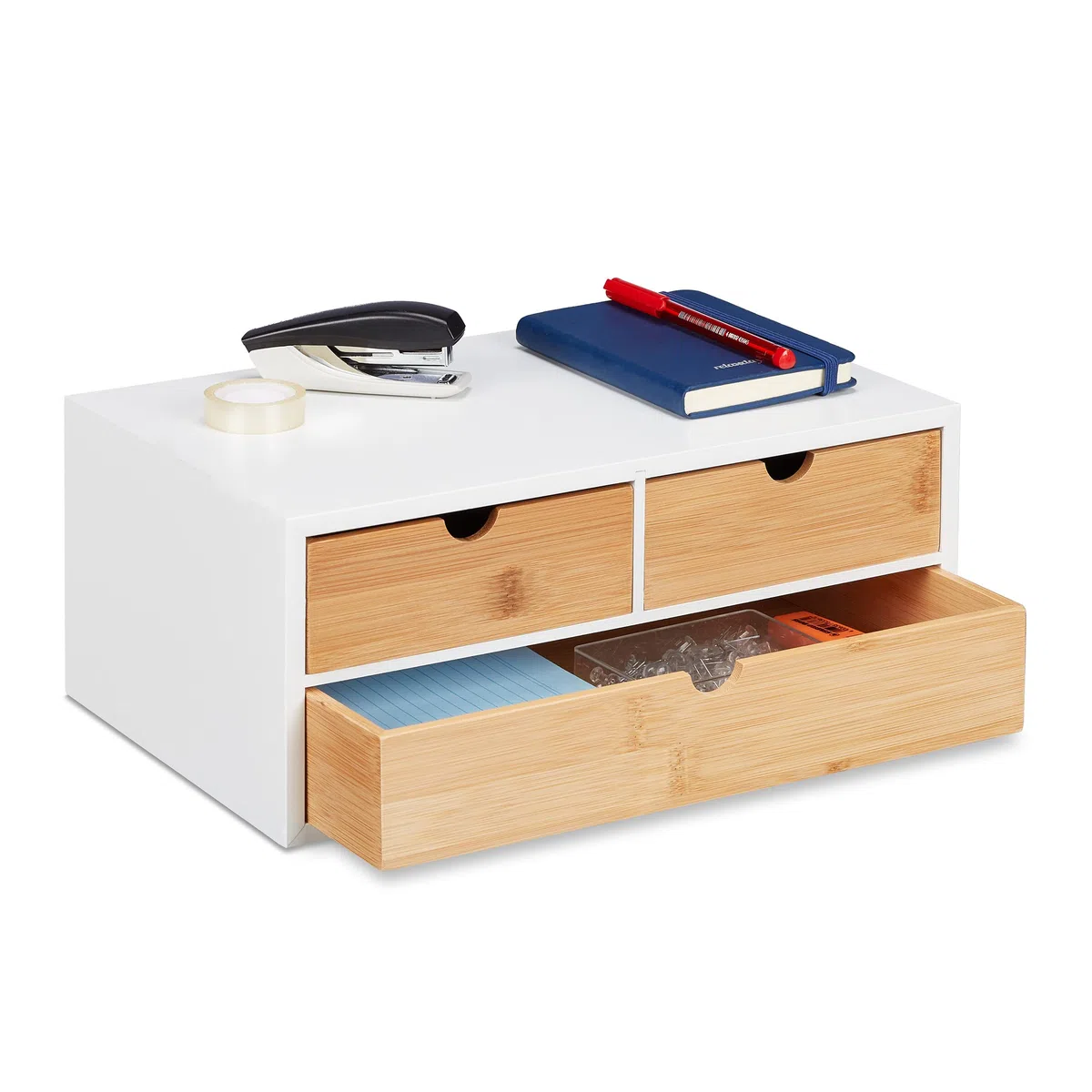 Relaxdays Organizador Escritorio, 3 Cajones, Almacenamiento Material Oficina, Bambú y MDF, 14x33x21cm, Natural y Blanco