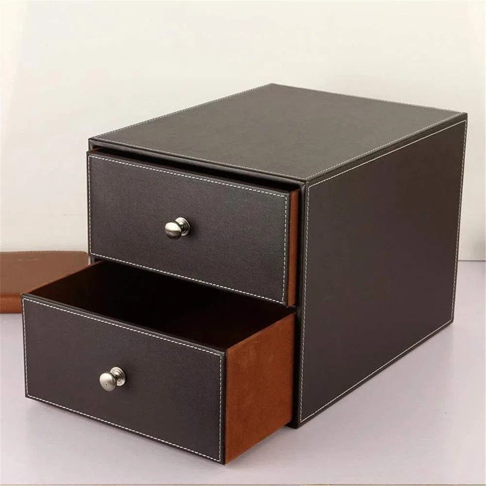 Bandeja archivadora de Escritorio de Cuero, Caja de Almacenamiento con cajón, archivador, Estante de Escritorio para el hogar, la Oficina y la Escuela, marrón 25,5 x 33,5 x 24,5 cm (Negro 25